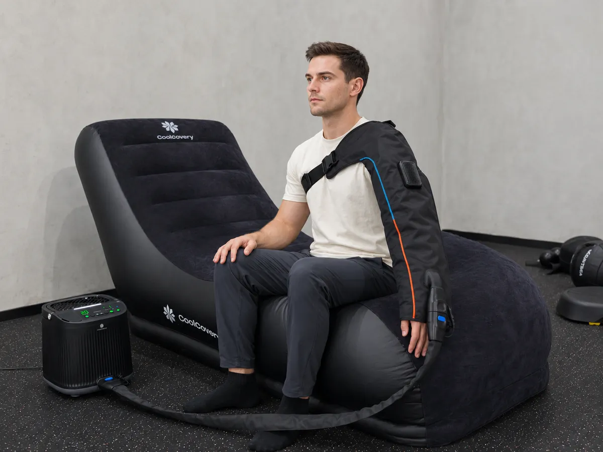 A man using CoolCovery arm sleeves on a lounger.